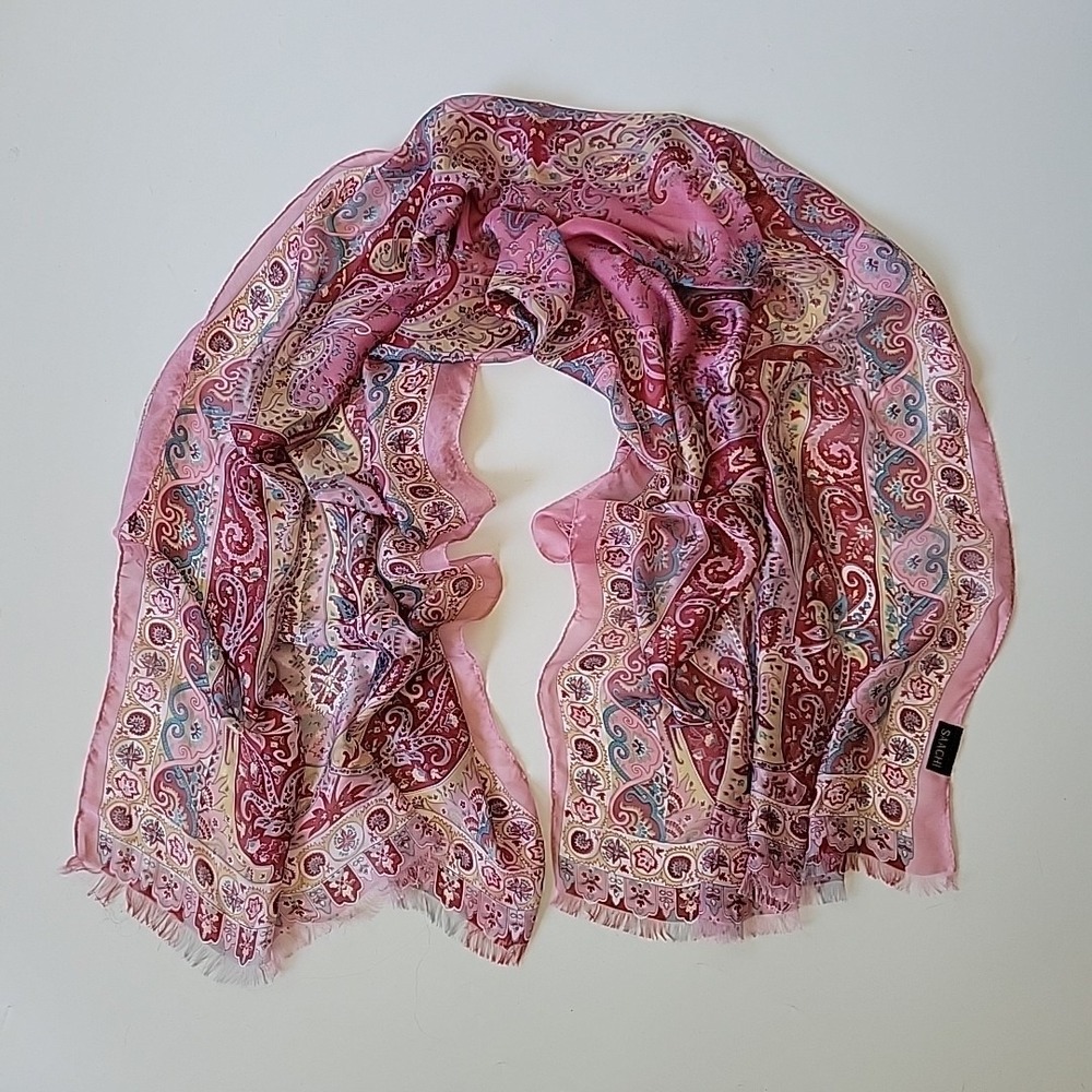 Saachi Silk Chiffon Rectangle Shawl Scarf Paisley Floral Semi Sheer Quiet Luxury